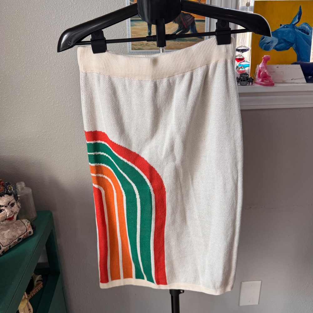 Oxknit Retro Rainbow Stripe Cotton Knit Pencil Skirt Cream XL fits like an L